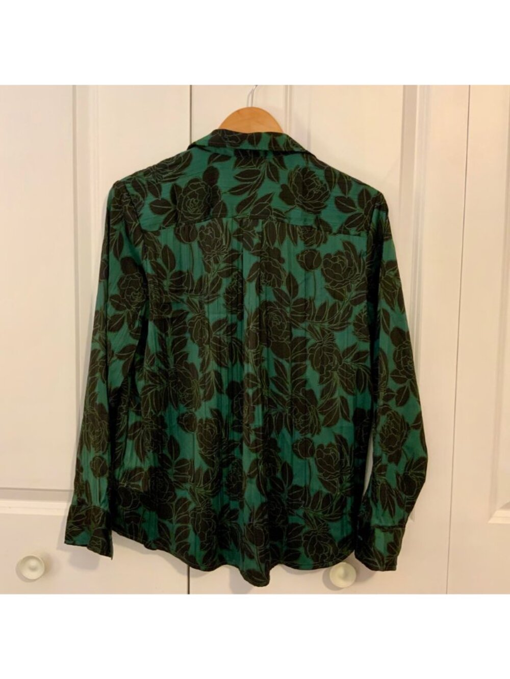 Gap Green Black Floral Satin Pleated Long Sleeve Oversized Boyfriend Shirt Small - Picture 7 of 11